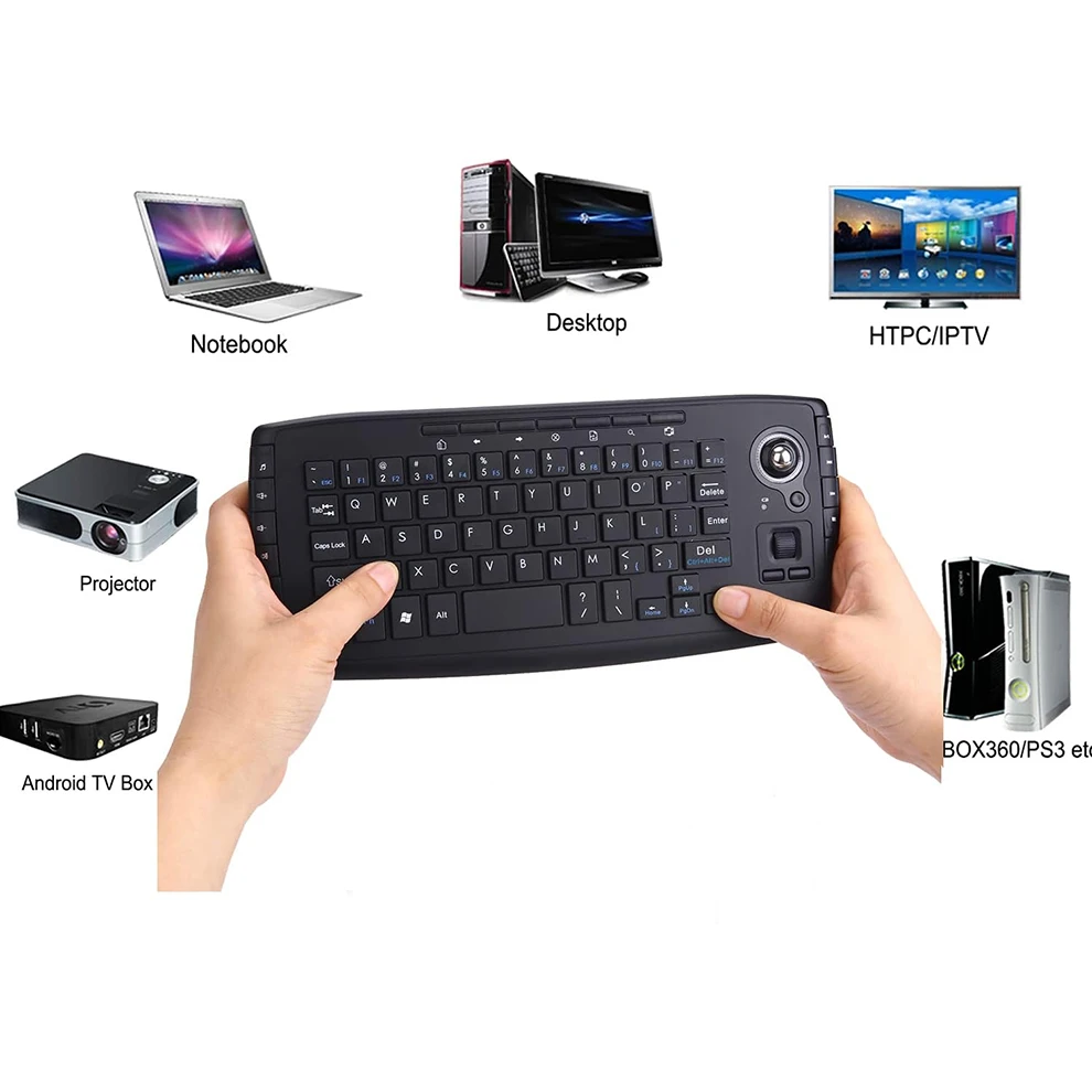 Multimedia 2.4Ghz Wireless Mini Keyboard with Trackball Mouse Scroll Wheel for PC Mac Android Tv Box, Remote Controller