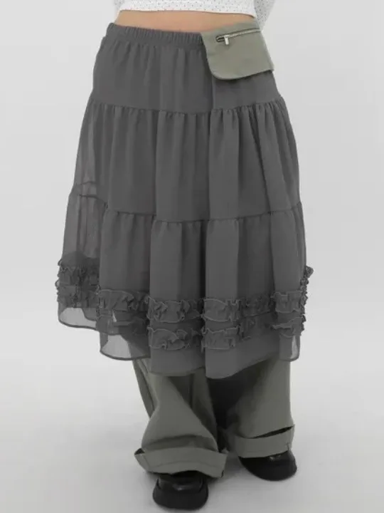 Summer New Pure Color High-End Gossamer Ruffle Half Skirt Japanese Style See-through Chiffon Puffy Skirt Women's Fashion
