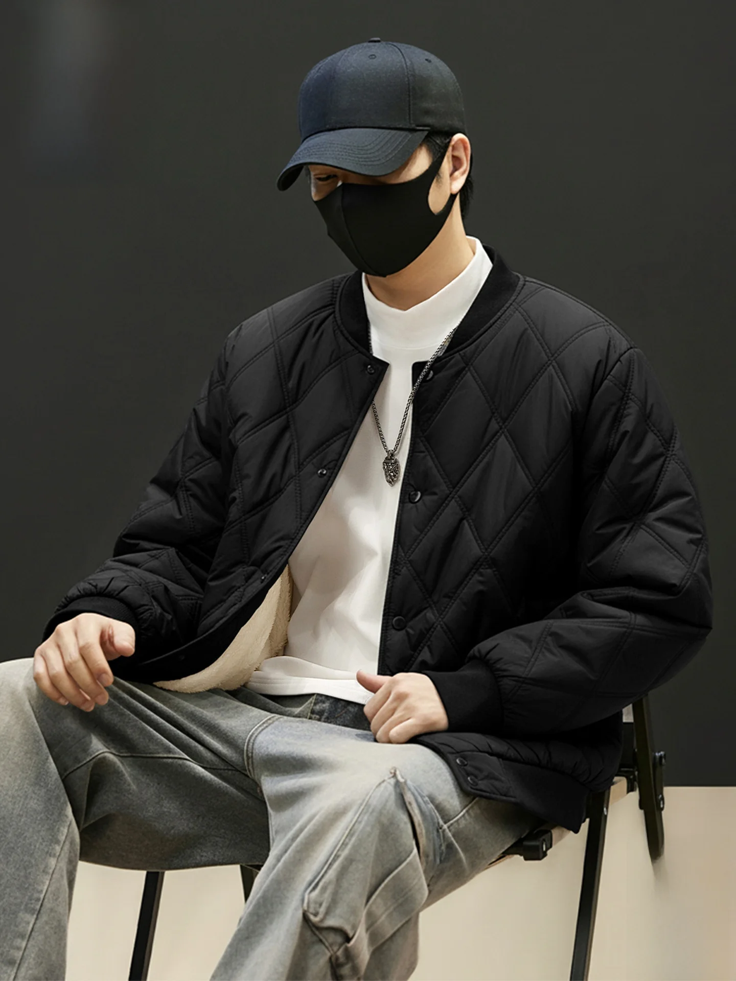 

Thiened Baseball Collar Cotton Jaet Men's Winter Warm Fce Lined Coat Stand Fit Long Sve Youth Faion