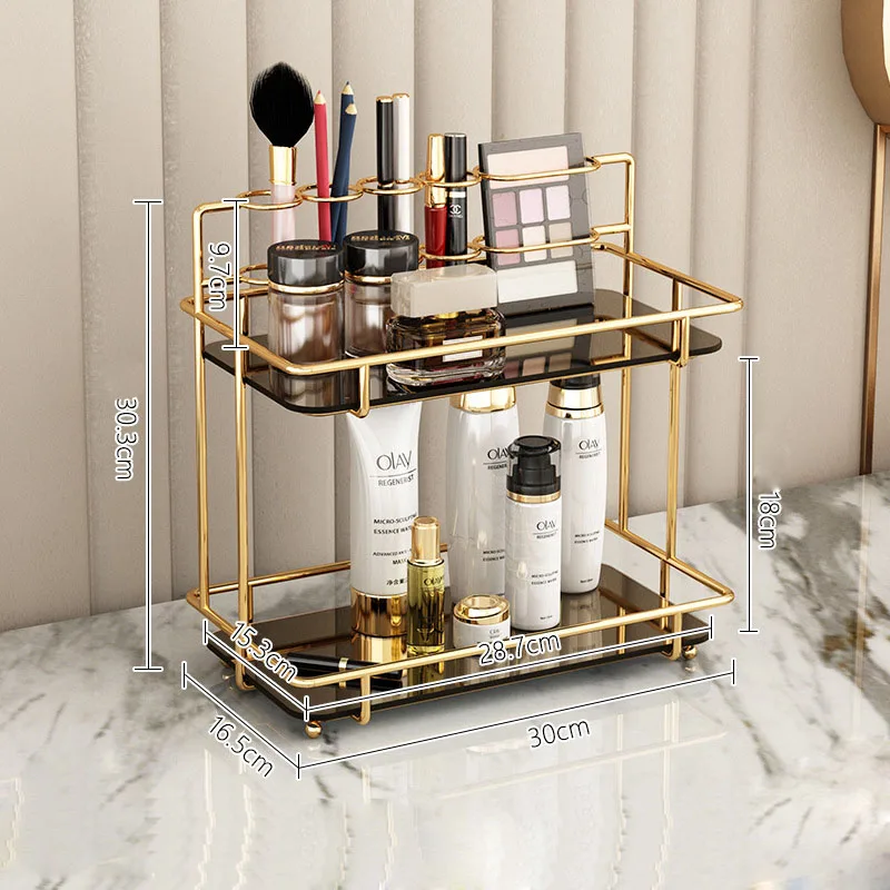 Estante de maquillaje para baño, estante de almacenamiento de cosméticos, organizador multicapa dorado, Accesorios de escritorio y soportes