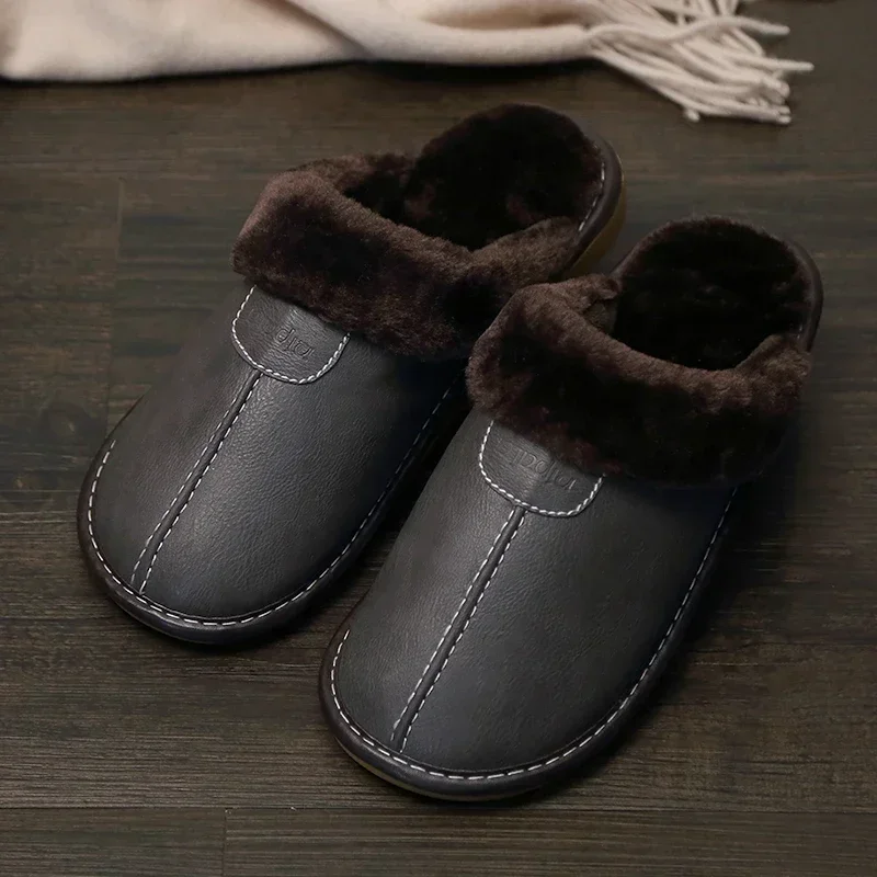 

Male Waterproof Thick Plus Velvet Indoor Warm House Home Slippers Shoes Men Winter Leather Bedroom Cotton