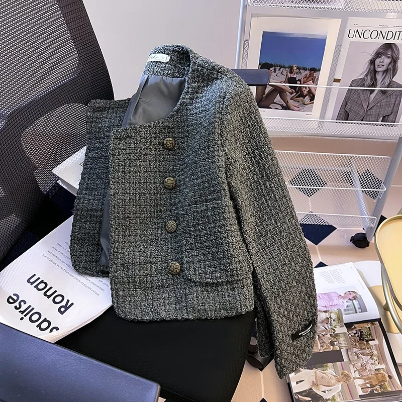 

Chic Quilted ort Coat Women's Faionable Versatile Top Korean Sle round Ne Button Detail Pure Color Autumn ential