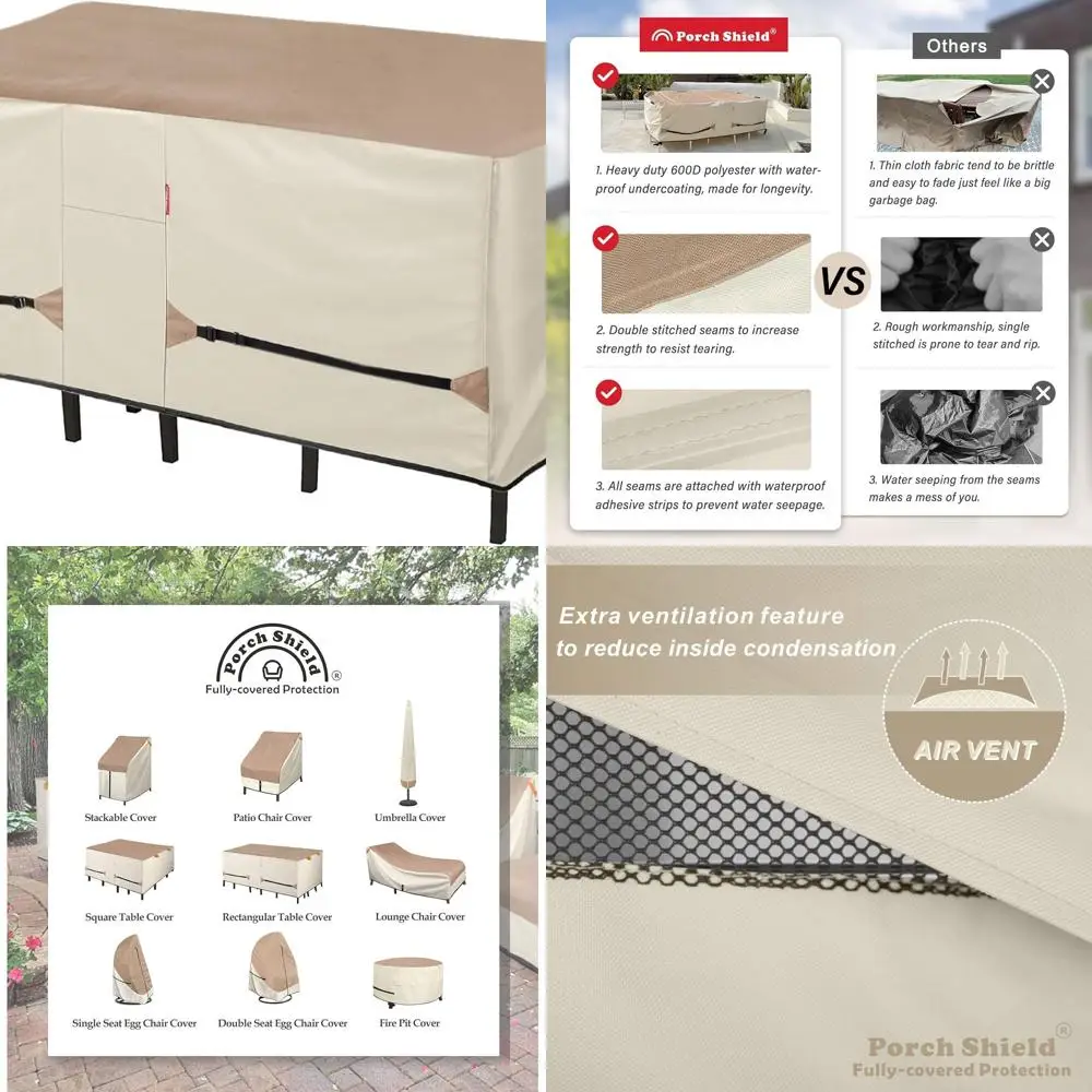 Waterproof Rectangular Patio Table and Chair Cover, Outdoor Dining Set Cover, 125x73, Light Tan & Khaki