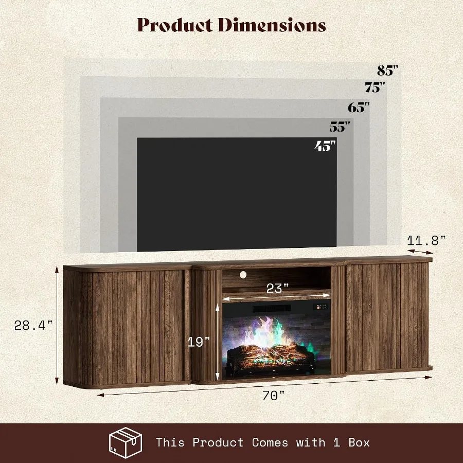 Fluted Electric Fireplace TV Stand, Mid Century Modern, Walnut
