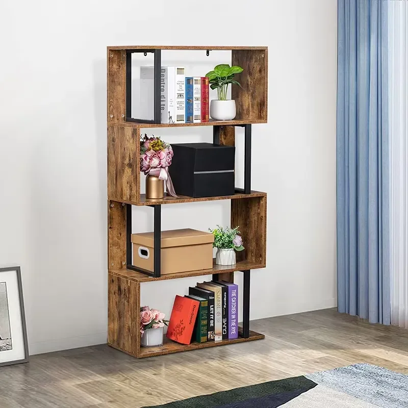 Simple Brown Wood Metal Bookcase Display Shelf Easy to Assemble Storage Rack for Living Room Bedroom Home Furniture