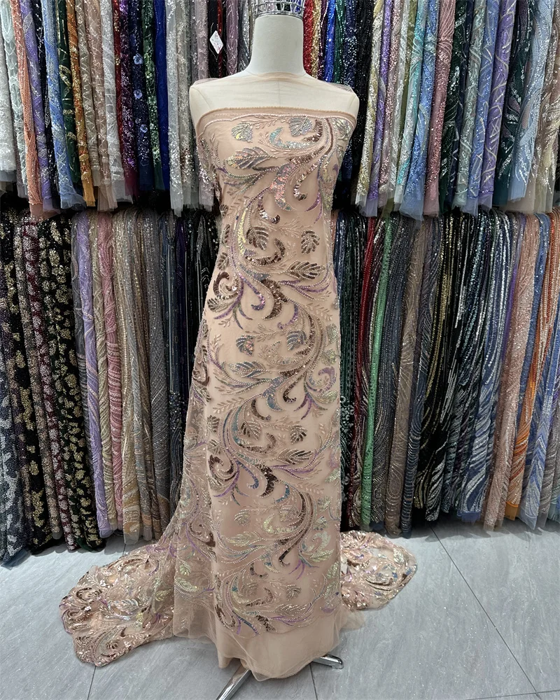 Luxury Bead Tube Embroidery African Lace Fabric 2024 High Quality French Sequined Tulle Fabric For Nigerian Wedding Party