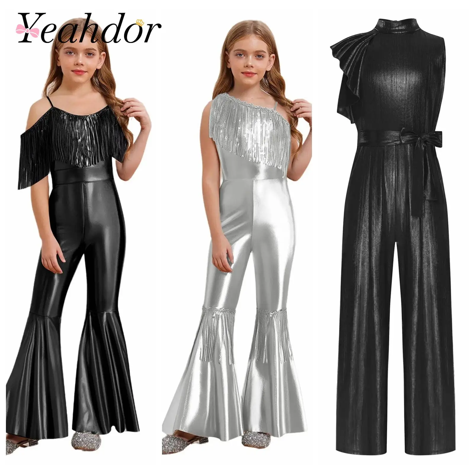 

Disco Outfit Children Sequin Jumpsuit Girls Tassels Romper Flares Music Festival Party Costume Flared Pants Kids Streetwear