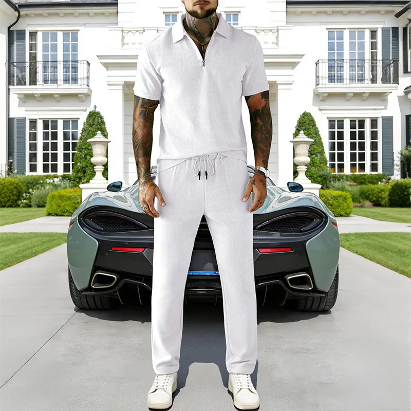 

Мужской летний повседневный комплект из двух предметов: вельветовая рубашка-поло с коротким рукавом на молнии и длинные брюки-костюм