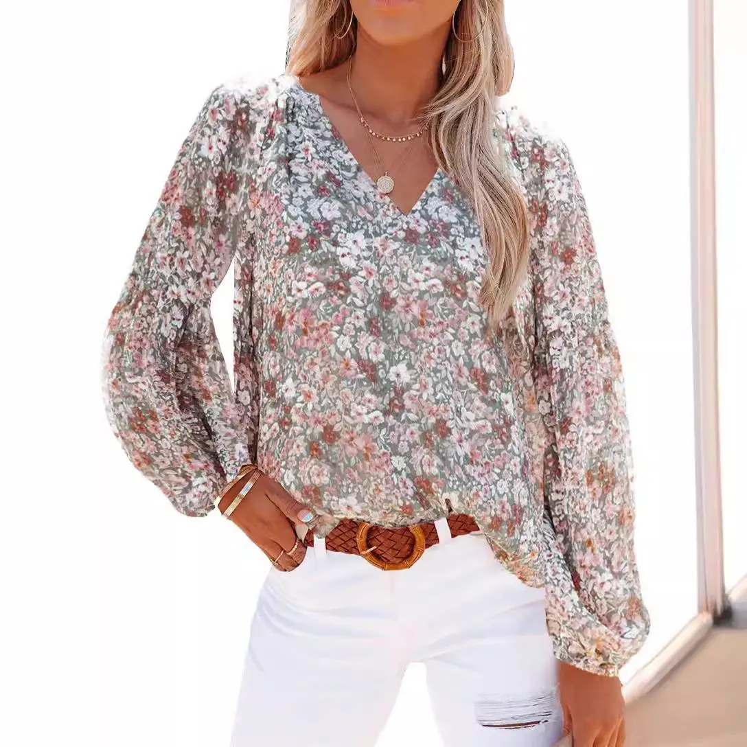 Imprimé fleuri femmes lanterne Sve irt coupe ajustée Polyester ort Sve T-irt printemps saison dames Faion tenue décontracté