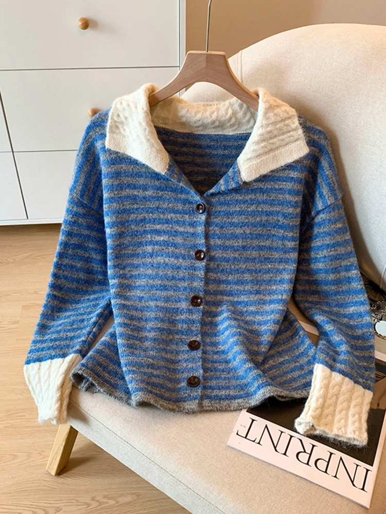 

Blue Striped Knitted Cardigan Women's Autumn New Design Button Ladies Sweater Coat Cleanfit Regular Sve Long Ciwalk