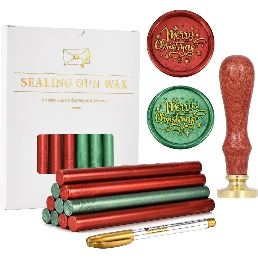 Wax Seal Kit Merry Christmas Wax Seal Stamp 10pcs Metallic Red and Green Glue Gun Sealing Wax Sticks with Pen Great for