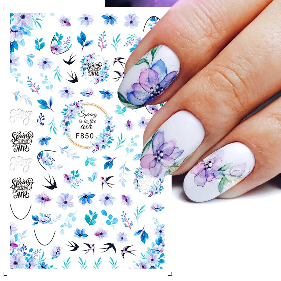 3D Spring Watercolor Nail Sticker Design Purple Flower Leaf Slider Nail Art Decoration Floral Polish Decals Manicure Tool GLF850