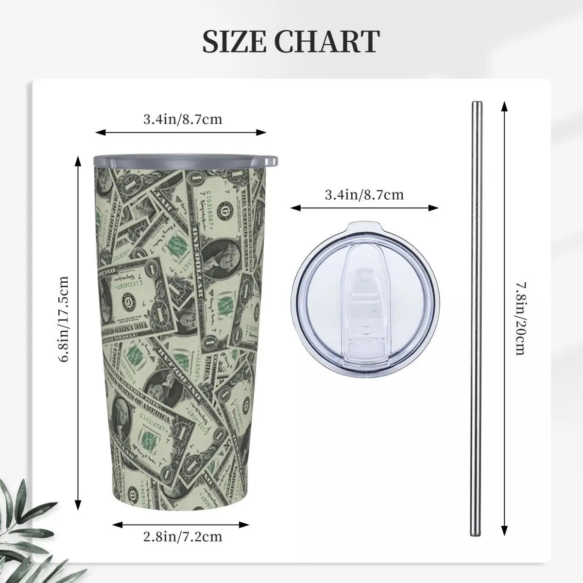 Money Dollars Bill Pattern Stainless Steel Tumbler Vacuum Insulated Mugs Thermal Cold Cup Straws With Lid 20oz