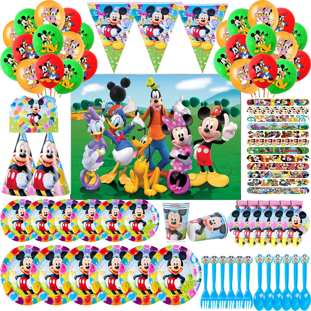 Decoraciones de fiesta de cumpleaños de Mickey Mouse, vajilla desechable, plato de papel, mantel, globos para niños, suministros para fiestas de