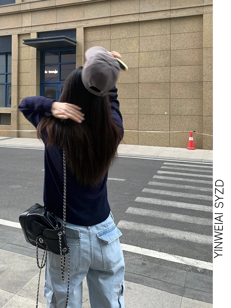 Pantaloni da lavoro in denim a gamba dritta estesa Jeans larghi a gamba larga autunno inverno da donna Vita alta con cerniera Fly Vintage Azzurro