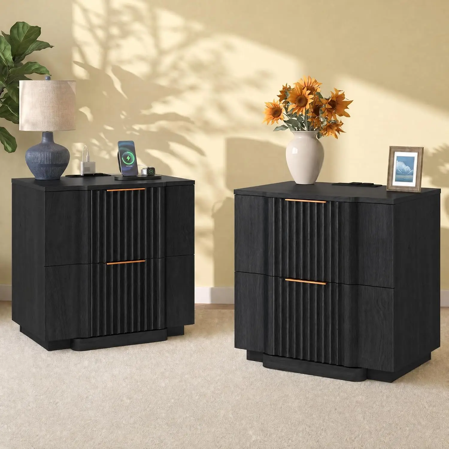 Fluted Nightstand Set of 2 with Ultra-Fast Charging Station, Black, Customized
