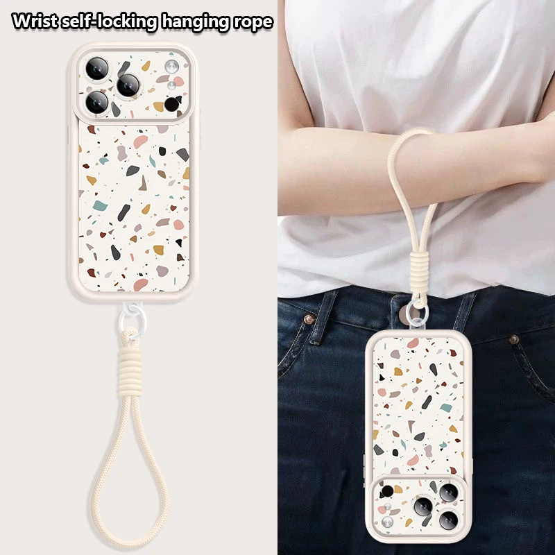 Wrist Strap Lanyard Phone Case For iPhone 17 Pro Max 17e 16e 16 14 15 13 Pro Max 11 Marble Pattern Soft TPU Silicone Back Cover view 4