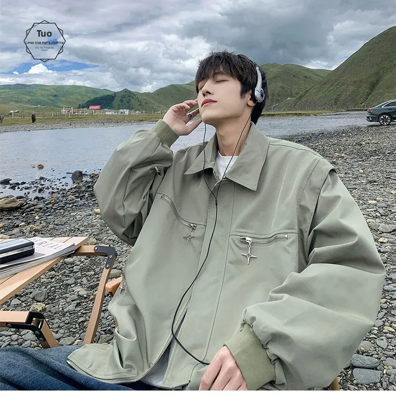 

Мужская куртка-пилот с металлической молнией, весна-осень, оверсайз, модный бренд, свободный крой, однотонная