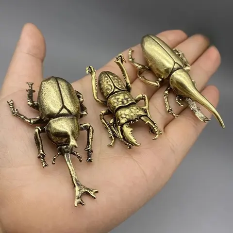 Retro Brass Beetles Figurines Unicorn Beetle Ornament Simulation Insect Tea Pets Desk Decorations Collectibles Gifts Decor