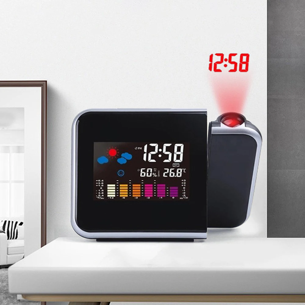 Weather Station LED Temperature Humidity Weather Forecast Snooze Table Clock Digital Alarm Clock Rotatable With Time Projection