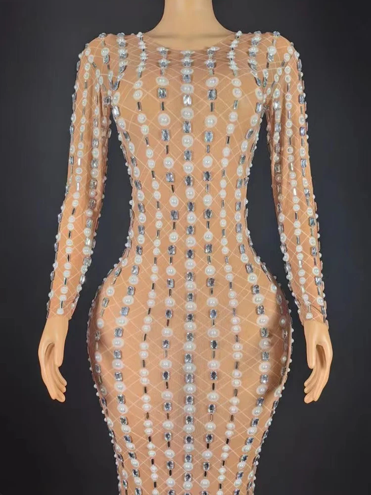High Quality Hot Bead Hot Diamond Sexy Elastic Long Sleeved Dress 2025 New Fashion Custom Women'S Clothing