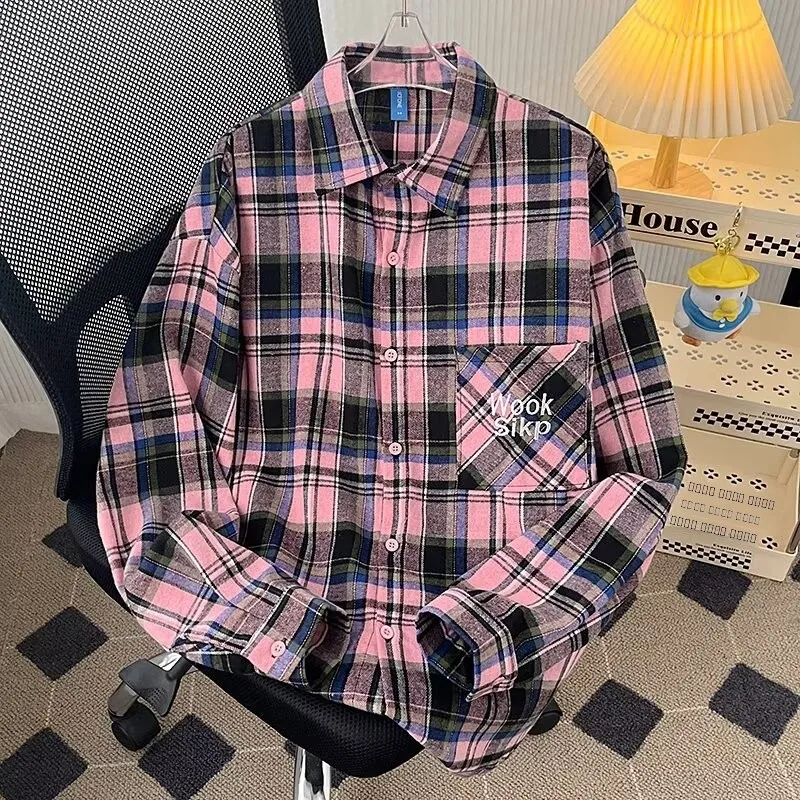 

Dopne Plaid irt Jaet Loose Long Sve Embroidery ket Men's Women's American Retro Sle Casual Faion Polyester F...
