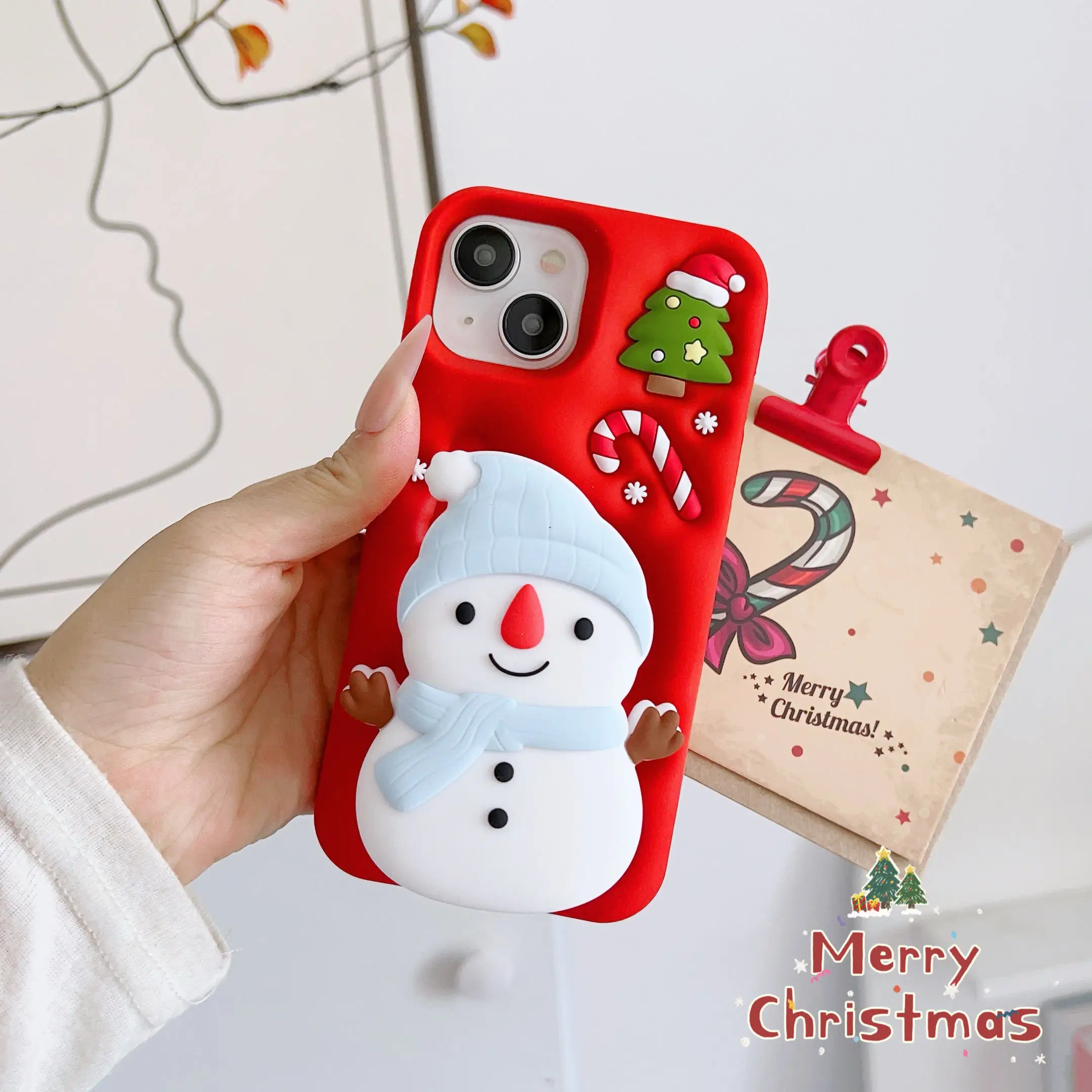 3D Cute Cartoon Snowman Folding Bracket Stand Case for iPhone 12 13 14 15 16 Pro Max Soft Cover Christmas Xmas New Year Gifts