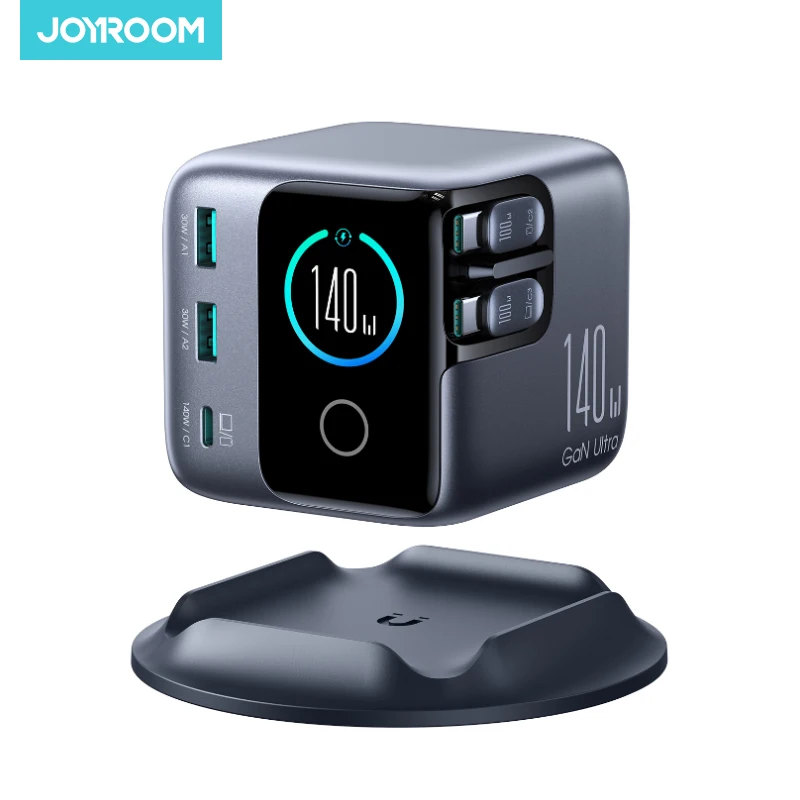 Joyroom – chargeur de bureau GaN 140W avec câbles rétractables USB C et USB A, chargeur rapide à affichage intelligent pour téléphones, ordinateurs portables, tablettes