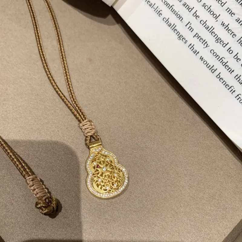 Retro ethnic style double-sided gourd woven rope necklace  openable Buddha statue antique gold crafts hollow out pendant jewelry view 6