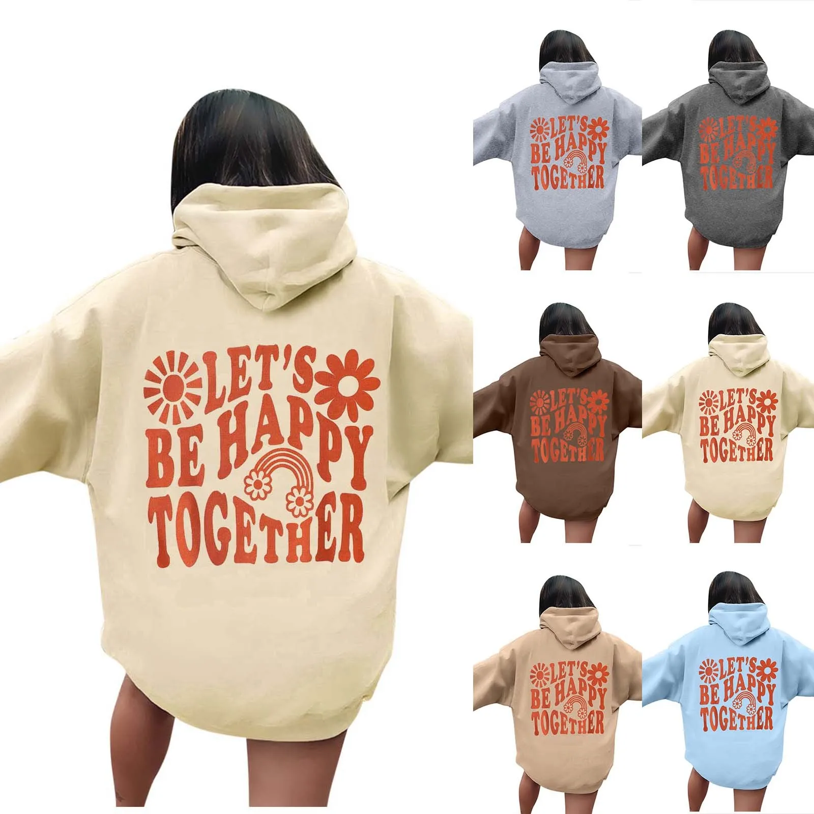 Let's Be Happy Together-Sweat à Capuche à Manches sulfpour Femme, Lettre Imprimée, Grande Taille, PVD, Harajuku, Streetwear Décontracté pour Fille