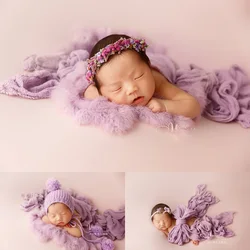 Seersucker Stretch Newborn Wrap Newborn Photography Props Purple Themed Suit Headflower Plush Ball Hat 0-3 Month Baby Photoshoot