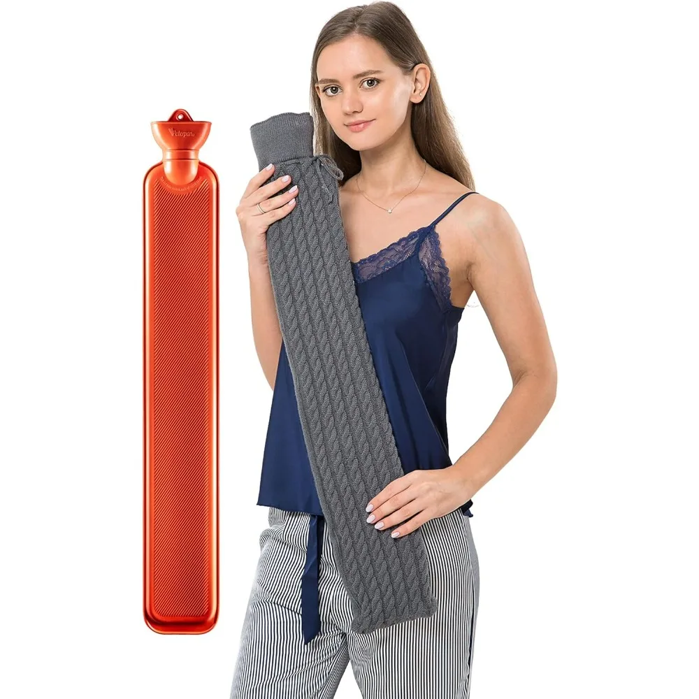 

Длинная бутылка для горячей воды с серой вязаной крышкой кабеля, натуральный каучук, облегчение боли в шее и спине, не содержит BPA и петальлат