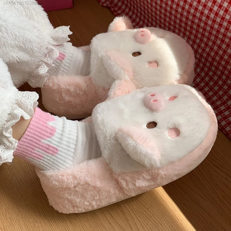 Simpatiche pantofole in cotone di maiale per le donne inverno Kawaii peluche Home Wear pantofole rosa bianche antiscivolo scarpe da donna estetiche