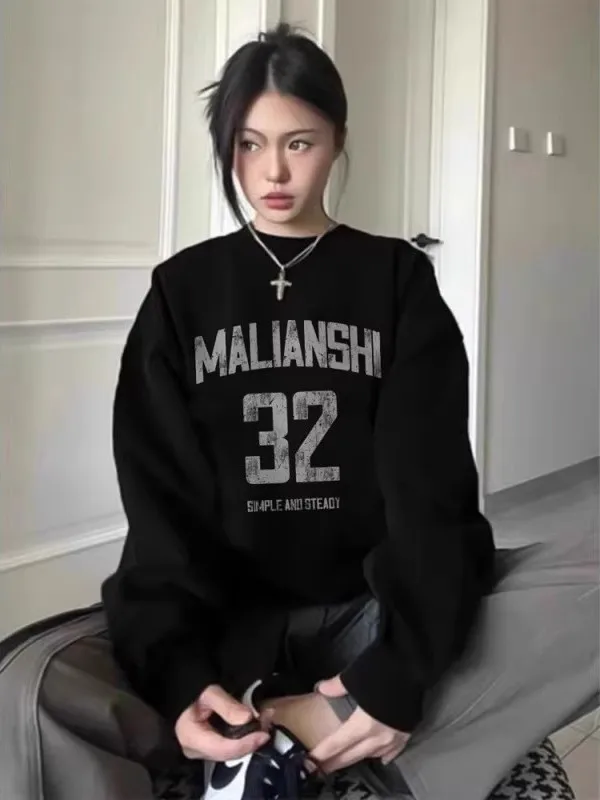 

Толстовка большого размера с американским ретро-принтом, круглым вырезом и флисовой подкладкой, осенне-зимний парный пуловер для молодежи