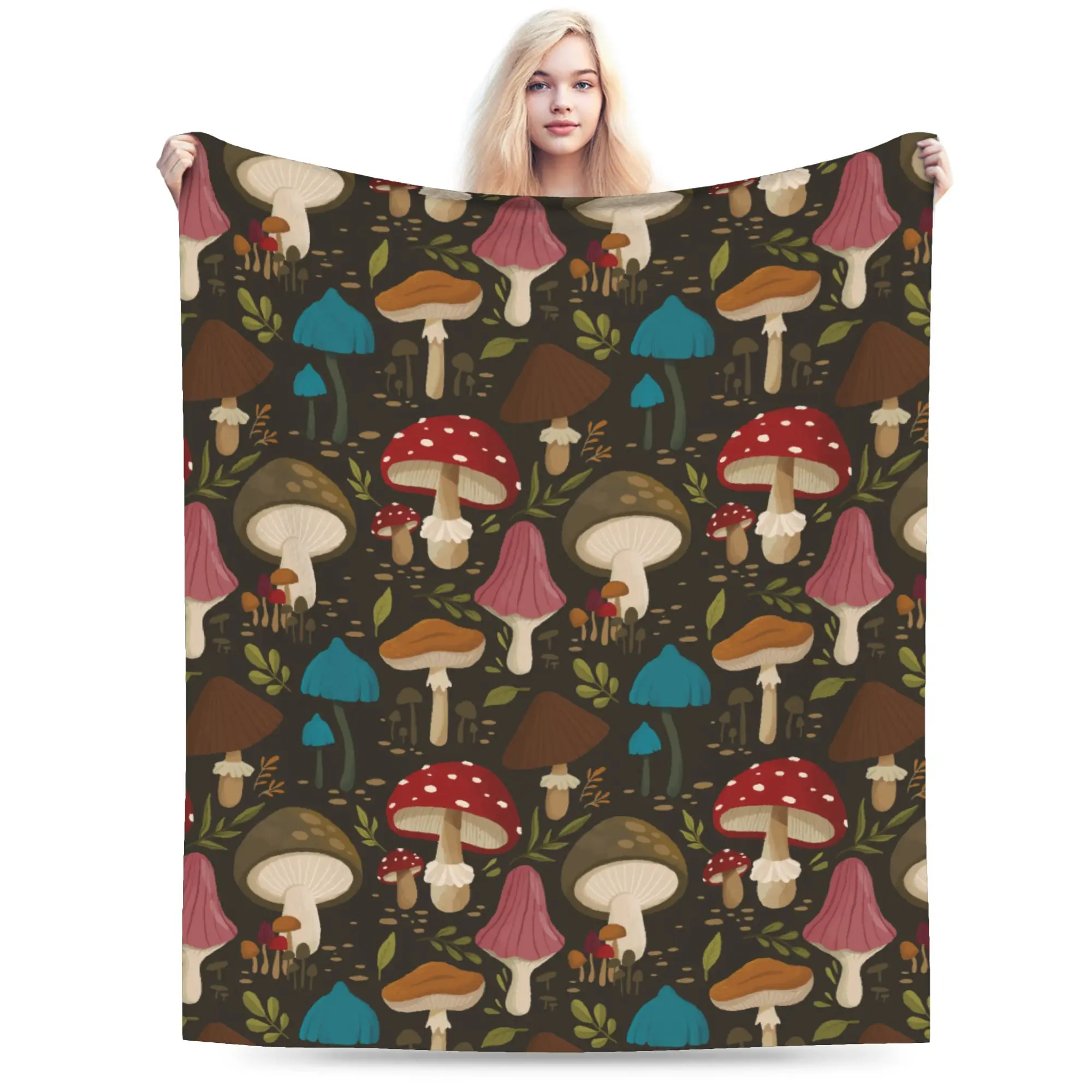 

Leaf and Mushroom Pattern Blankets Fleece Spring/Autumn Portable Lightweight Throw Blankets for Bed Car Bedspread