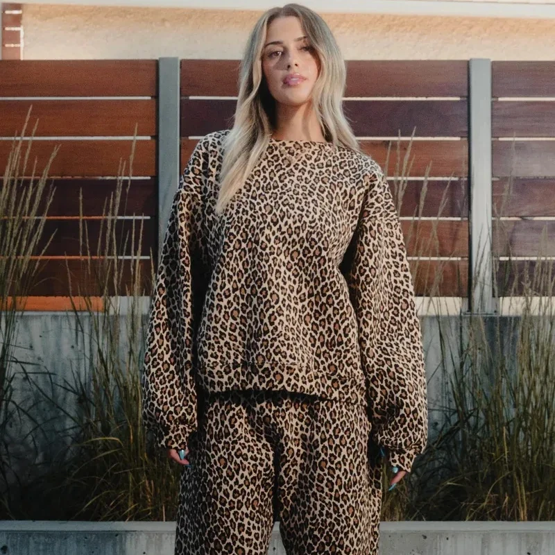 Y2K ファッションヒップホップワイルドヒョウ柄パーカーストリート原宿トレーナーヴィンテージ冬ユニセックスカジュアルフルスリーブプルオーバー