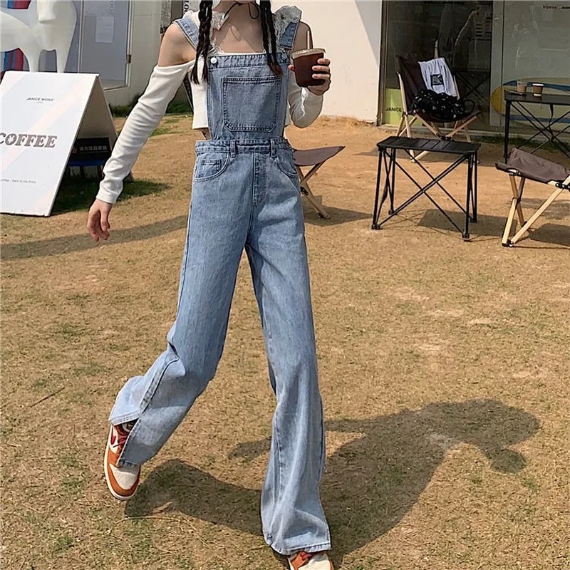 

Side-slit Jumpsuits Women Design Button Denim Jumpsuit Loose Wide-leg Trousers Mopping High Street Mujer Ulzzang Chic Suspenders