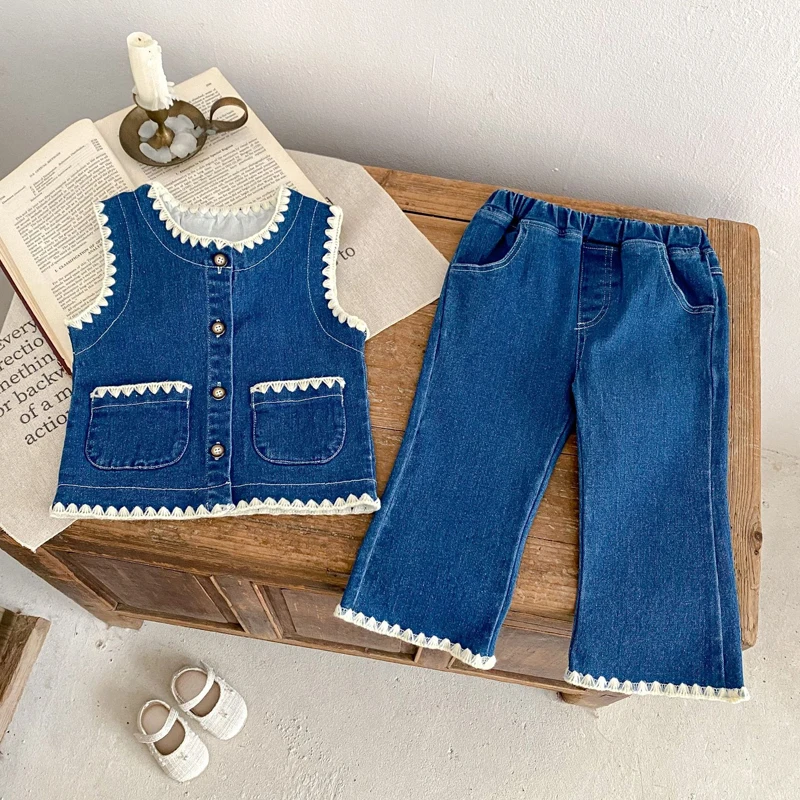 Autumn new style baby clothes for 0-3 years old, baby girl, trendy dog-tooth cardigan vest + micro-pants two-piece set for girls