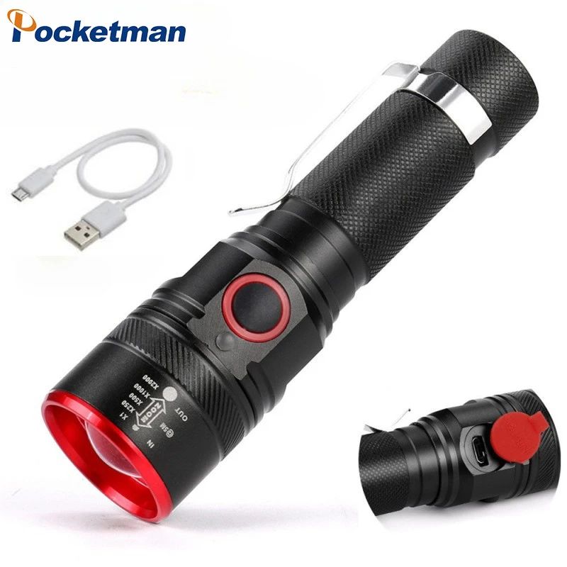 Powerful LED Flashlight Zoom Portable Torch USB ReChargeable Outdoor Water Proof Camping Tactical Flash Light 3 Modes Lantern