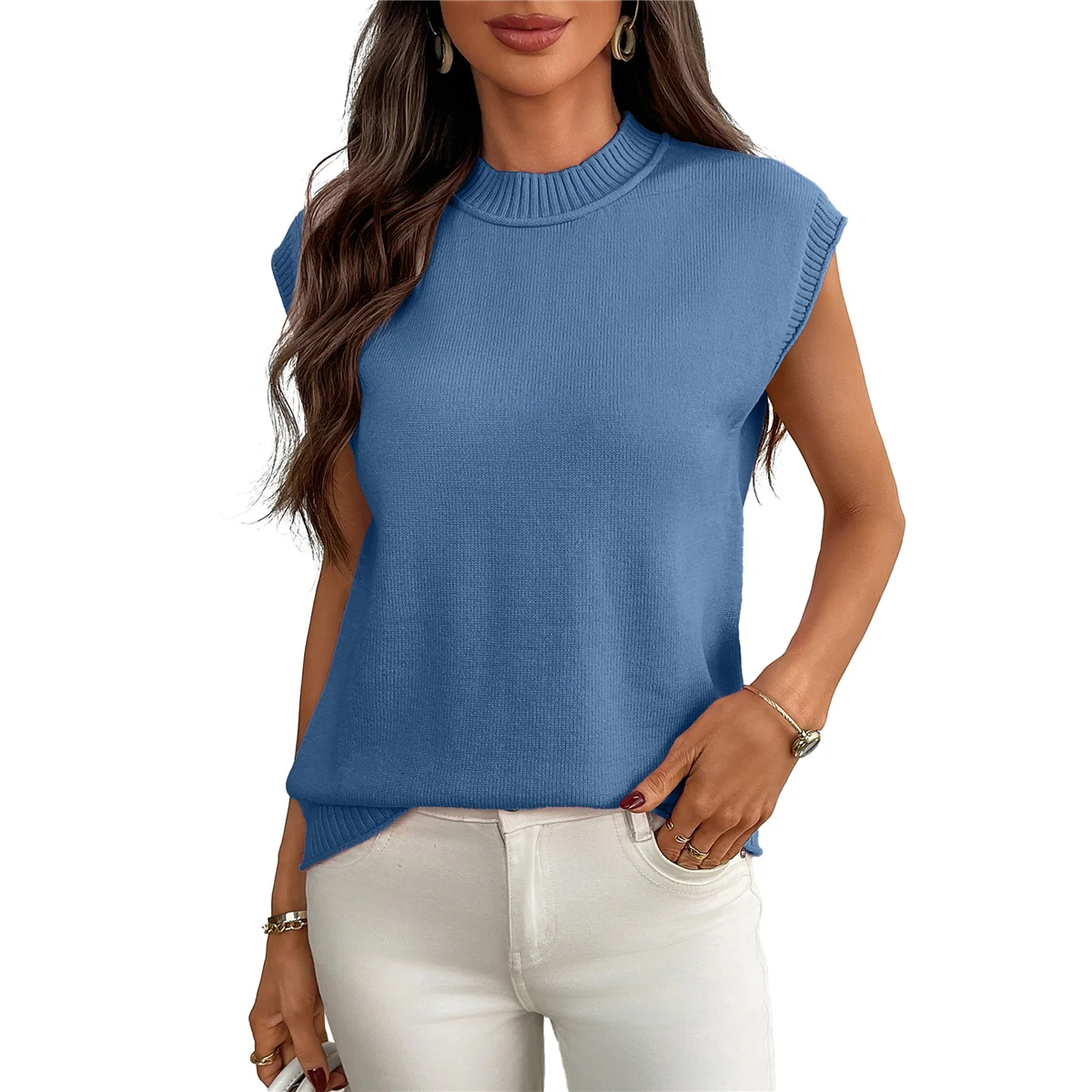 

Women'S Crew Neck Sleeveless Sweater Vest Casual Cap Sleeve Knit Pullover Tank Tops