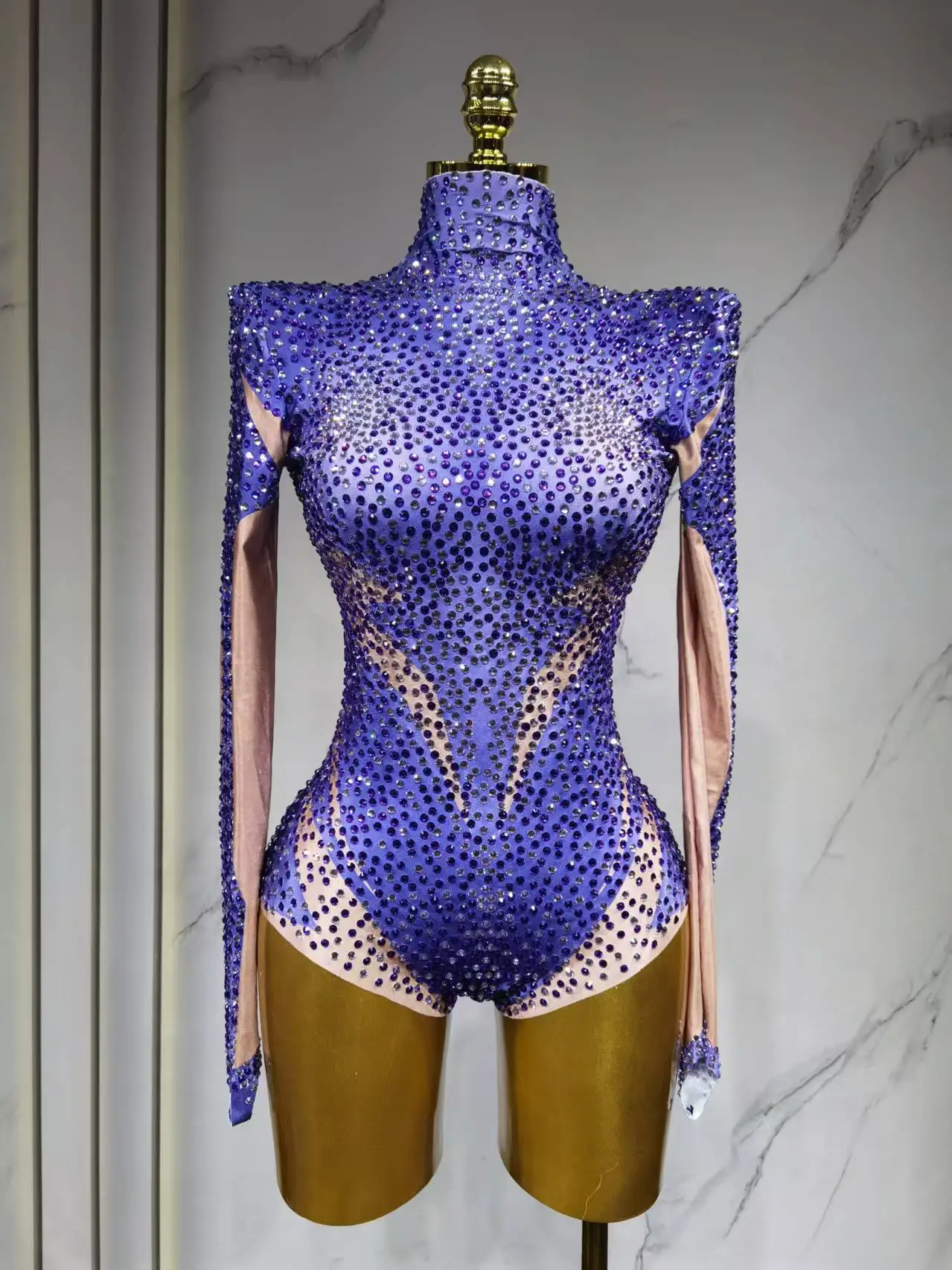 Leotardo Sexy con cristales azules brillantes para club nocturno, celebración de cumpleaños, mono con diamantes de imitación, traje de baile, ropa para sesión de fotos en escenario