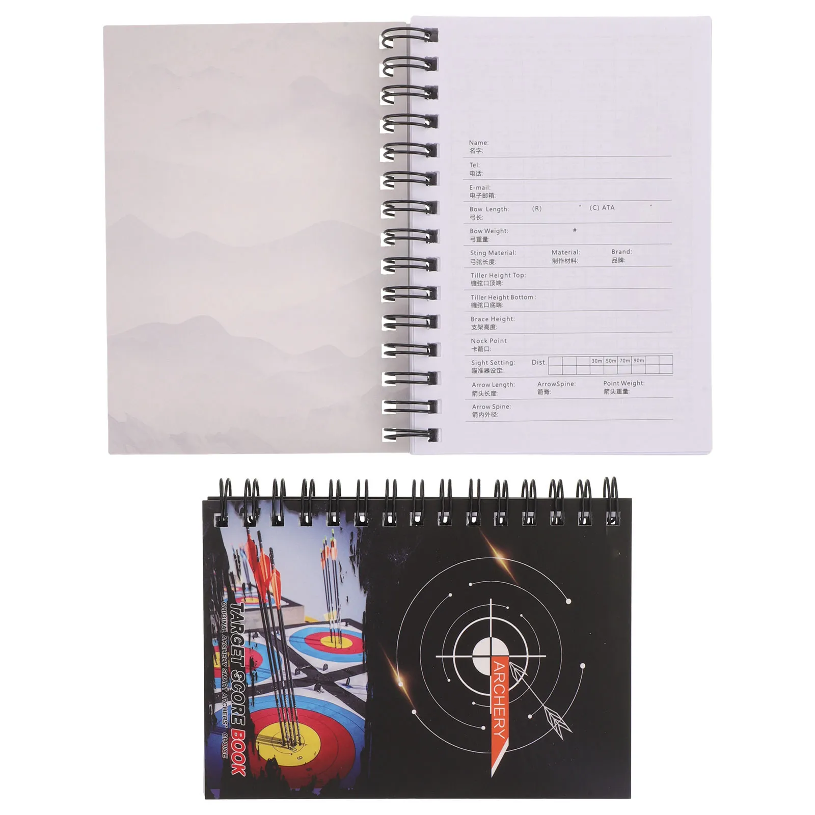 2Pcs Archery Score Book Black White Spiral Bound Archery Practice Journal Tournament Record Log Notebook Bow Sight Tuning Log