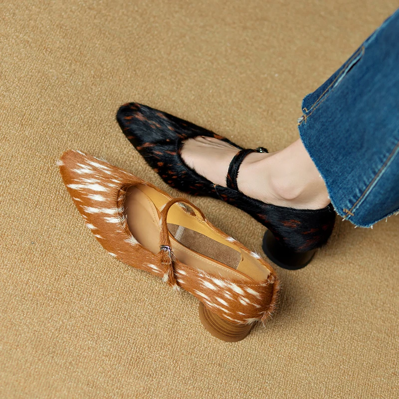 Leopard Pony Hair Mary Jane Shoes - Genuine Leather Pointed Toe