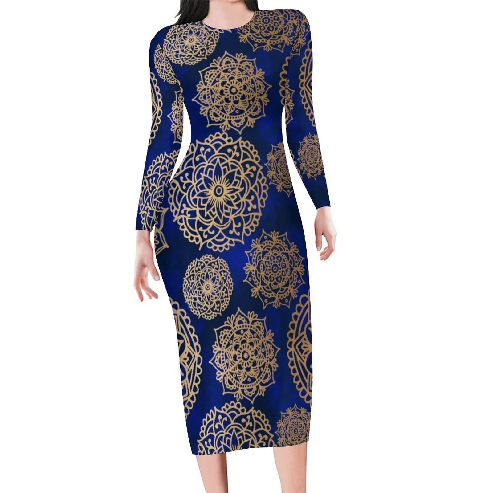 Beautiful Mandala Dress Long Sleeve Retro Blue Gold Bohemian Club Dresses Spring Women Aesthetic Design Bodycon Dress Big Size