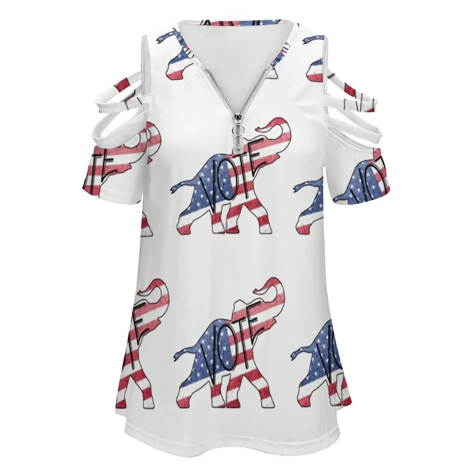 Vote Republican Elephant Distressed Usa Flag Design Women's T-Shirt New Fashion Printed Zipper V-Neck Short Sleeve T Shirts