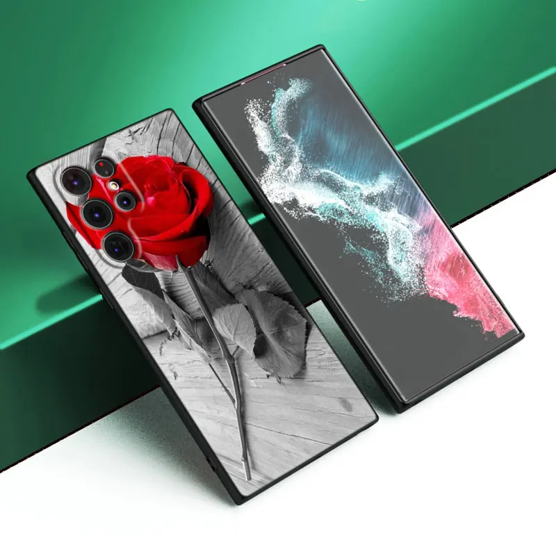 Capa dos desenhos animados para Samsung Galaxy, caixa preta, flor rosa vermelha, Samsung Galaxy S24 Ultra, S23 Plus, S21 FE, S22 Ultra, S20 FE, 5G, S10E, S10 Lite, S9 Plus