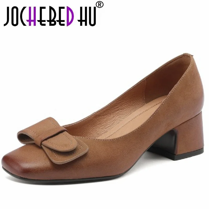 【JOCHEBED HU】Spring Autumn Women Retro Office Ladies Party Wedding High Heels Genuine Leather Shoes Elegant Concise Basic 34-42