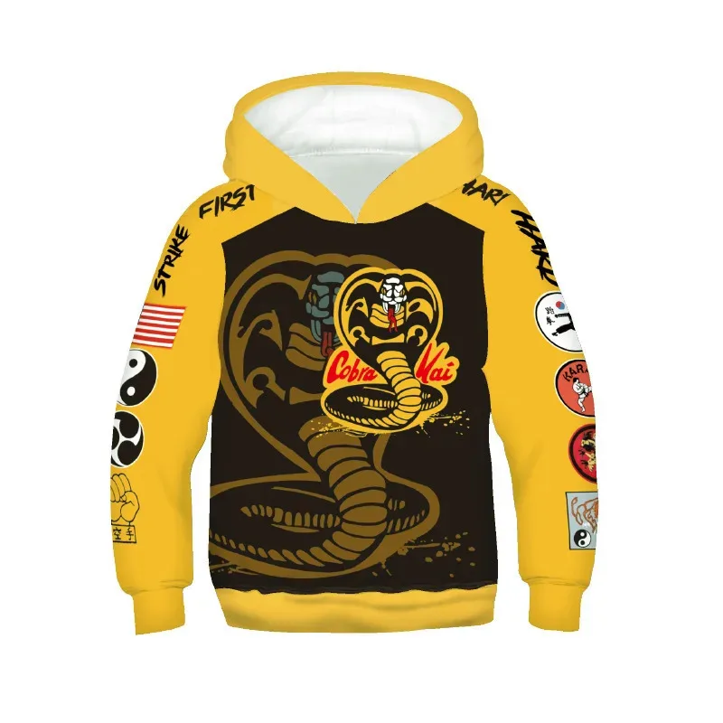 qq023Anime KOF Cobra Kai disfraz de Cosplay Taekwondo Karate niños adultos chaqueta con cremallera Sudadera con capucha hombres mujeres deportes Coa