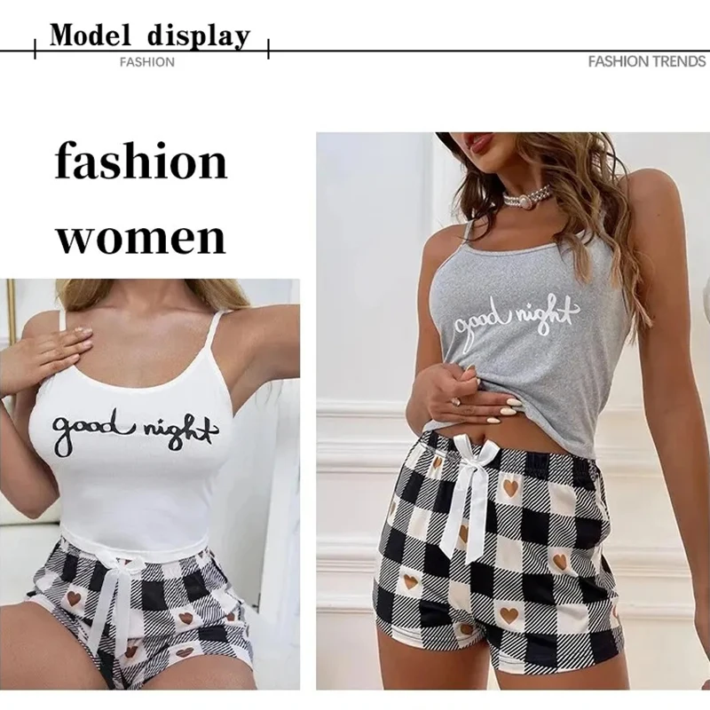 Damen-Pyjama, Sommer, sexy Camisole-Set, Damen-Pyjama-Set mit bedrucktem Buchstaben-Oberteil, gepaart mit karierten bedruckten Shorts, Heim-Pyjama-Set – Detail 6