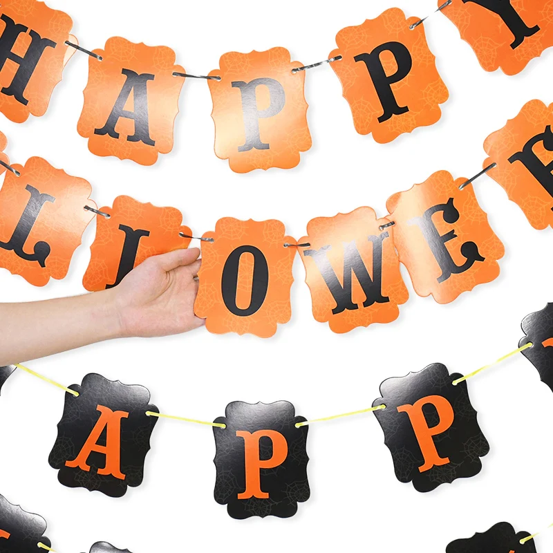 2023 Happy Halloween Banner Garland Orange Black Paper Photo Booth Props Halloween Party Decorations Kids Child Favors Gift